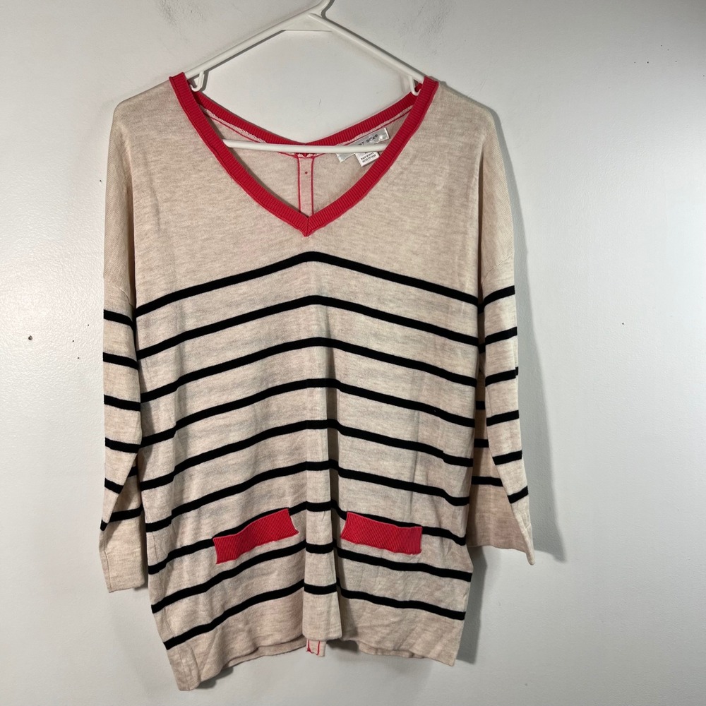 August Silk V Neck Striped Sweater Tan Black Orange M Back Button Detail